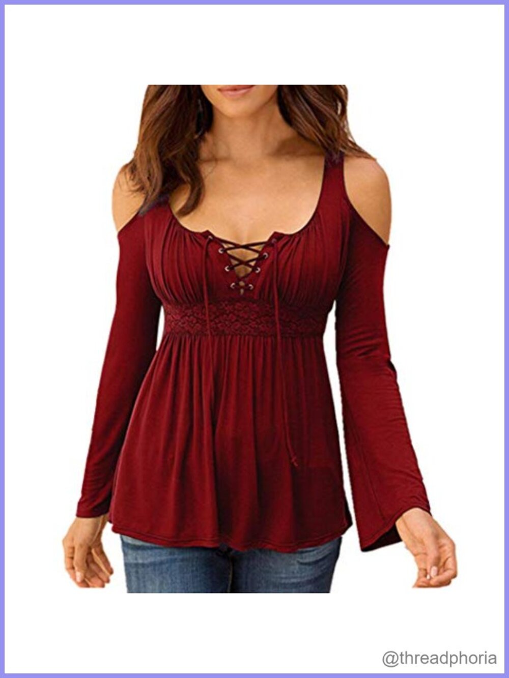 Women's Cold Shoulder Lace Up Tunic Blouse Casual Top